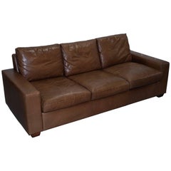 Used Four-Seater Fully Aniline Aged Brown Leather Sofa Bed