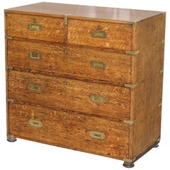 Restored Solid English Oak Antique Military Campaign Chest of Drawers