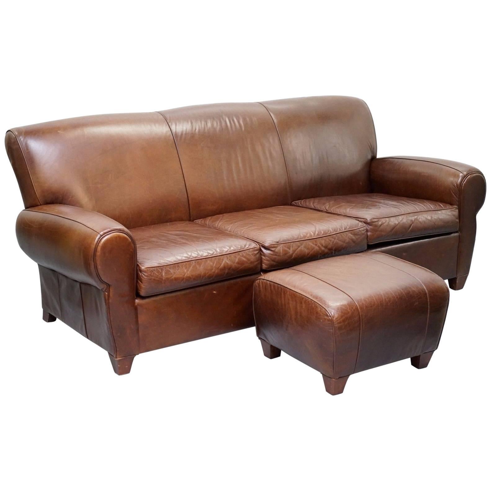 Heritage Aged Brown Distressed Leather Four Seater Sofa and Ottoman