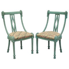 Pair of Andre Originals Carved Wood Rope & Tassel Italian Style Blue Side Chairs