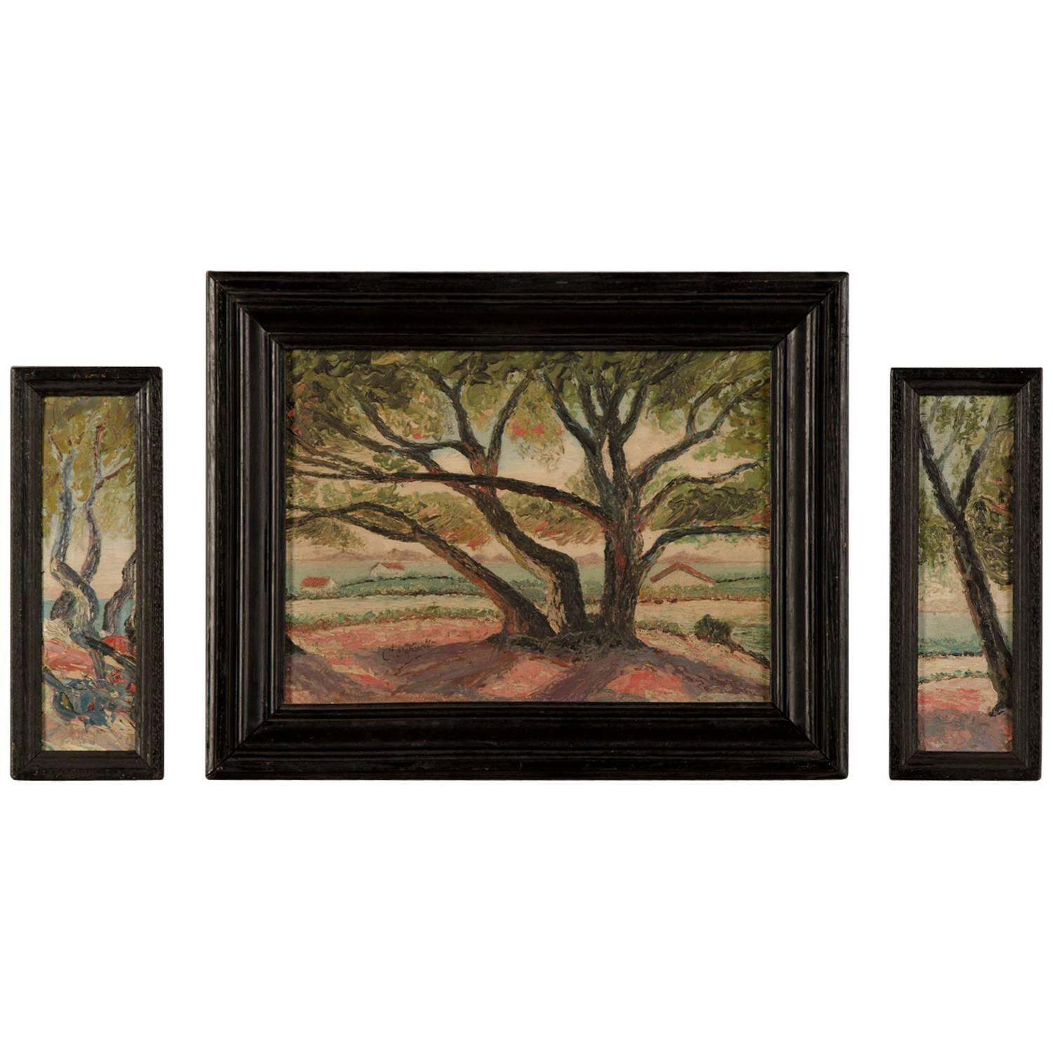 Signed Antique French Triptych Oil on Canvas Paintings of Trees, circa 1900 For Sale