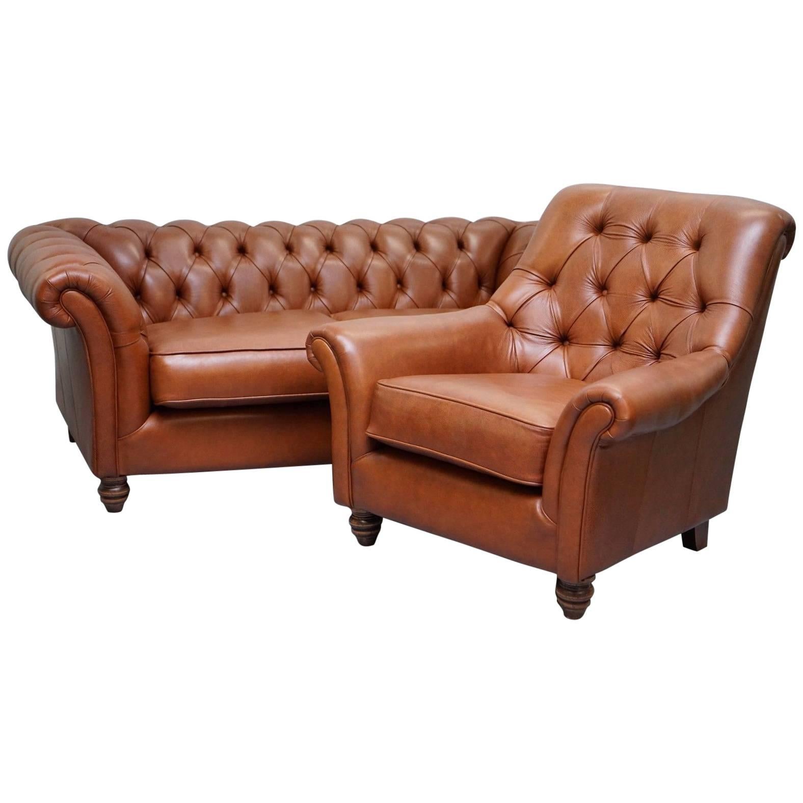 Thomas Lloyd Chesterfield Brown Leather Sofa and Club Armchair