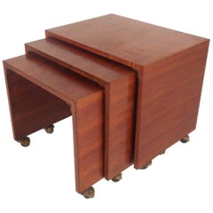 Set of Three Mid-Century Modern Walnut Waterfall Nesting Tables