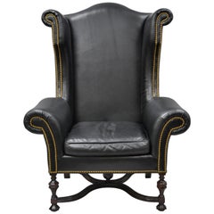 Lee Jofa Oversized Large William and Mary Black Leather Wing Back Library Chair
