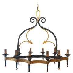 Unusual Large Gilt and Black Iron Chandelier with Ten Arms