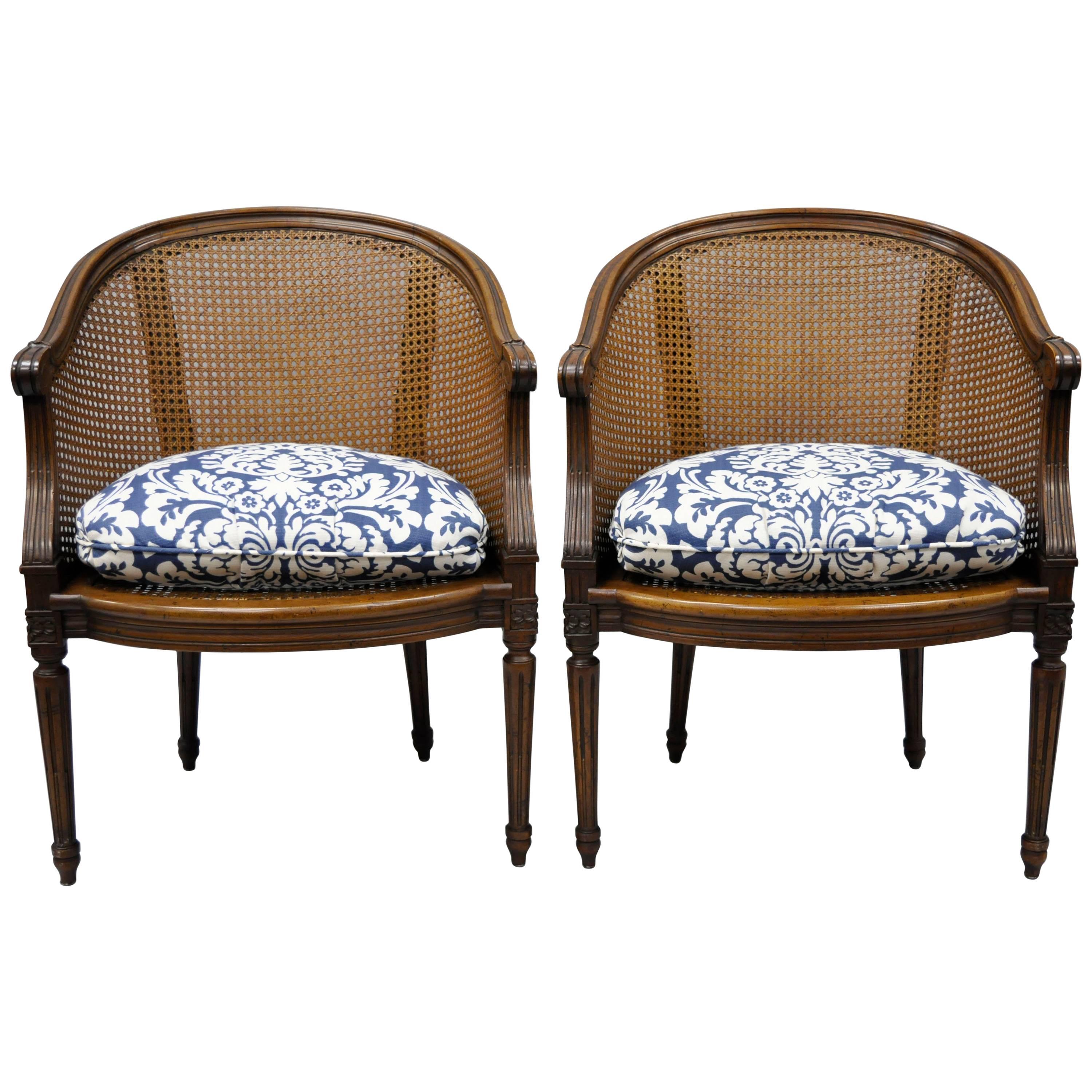 Pair of French Louis XVI Style Walnut and Cane Barrel Back Chairs by Heritage