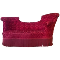 Antique Unusual French Settee in Red Velvet with Bouillon Fringe