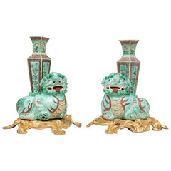 19th Century Pair of Chinese Lions on Bronze Doré Base