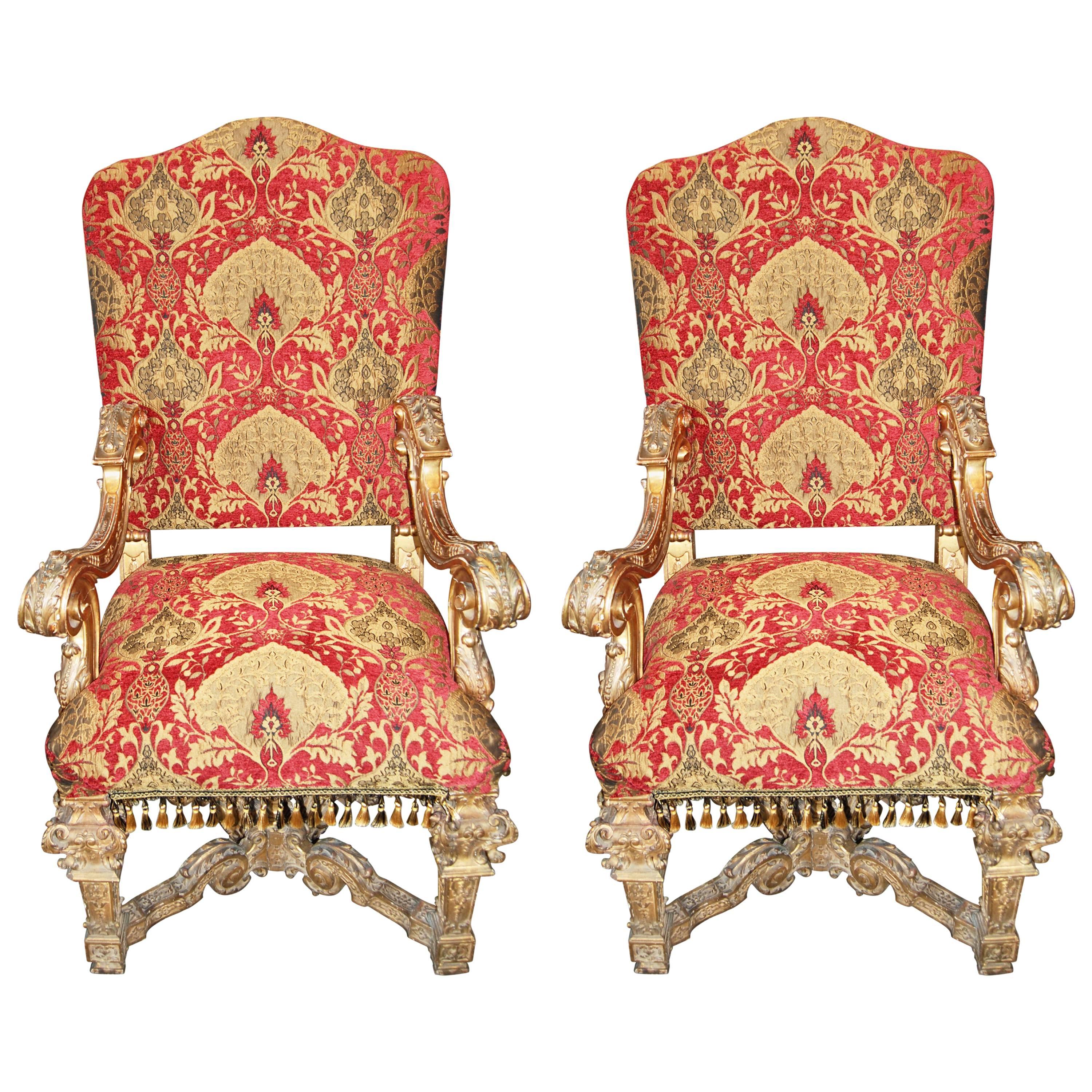 Pair of Louis XIV Carved and Gilded Chairs For Sale