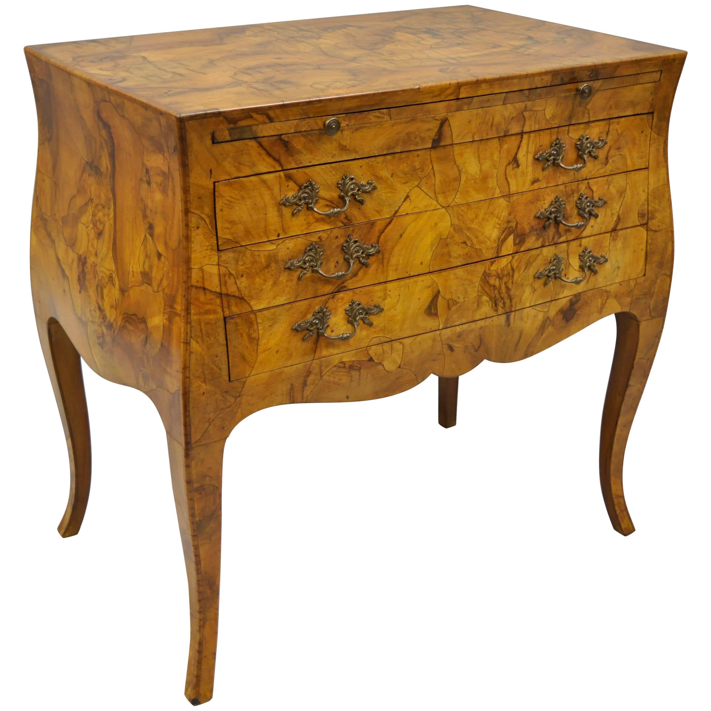 Italian Patchwork Burl Wood Olive Wood French Bombe Commode Chest Dresser