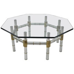 Vintage Mid-Century Modern Chrome and Brass Faux Bamboo Glass Top Octagonal Coffee Table