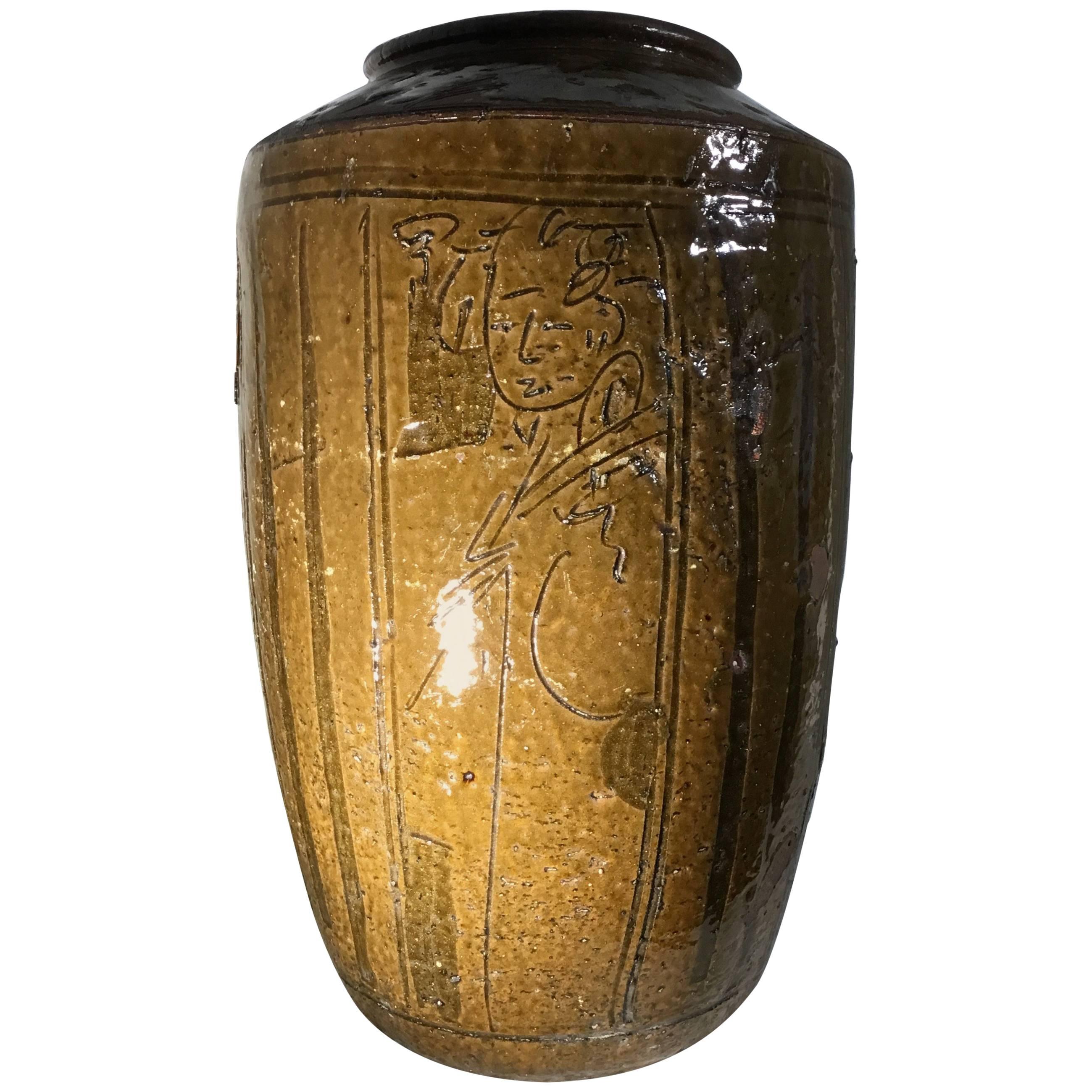 Large-Mid Century Glazed Chinese Stoneware Vase