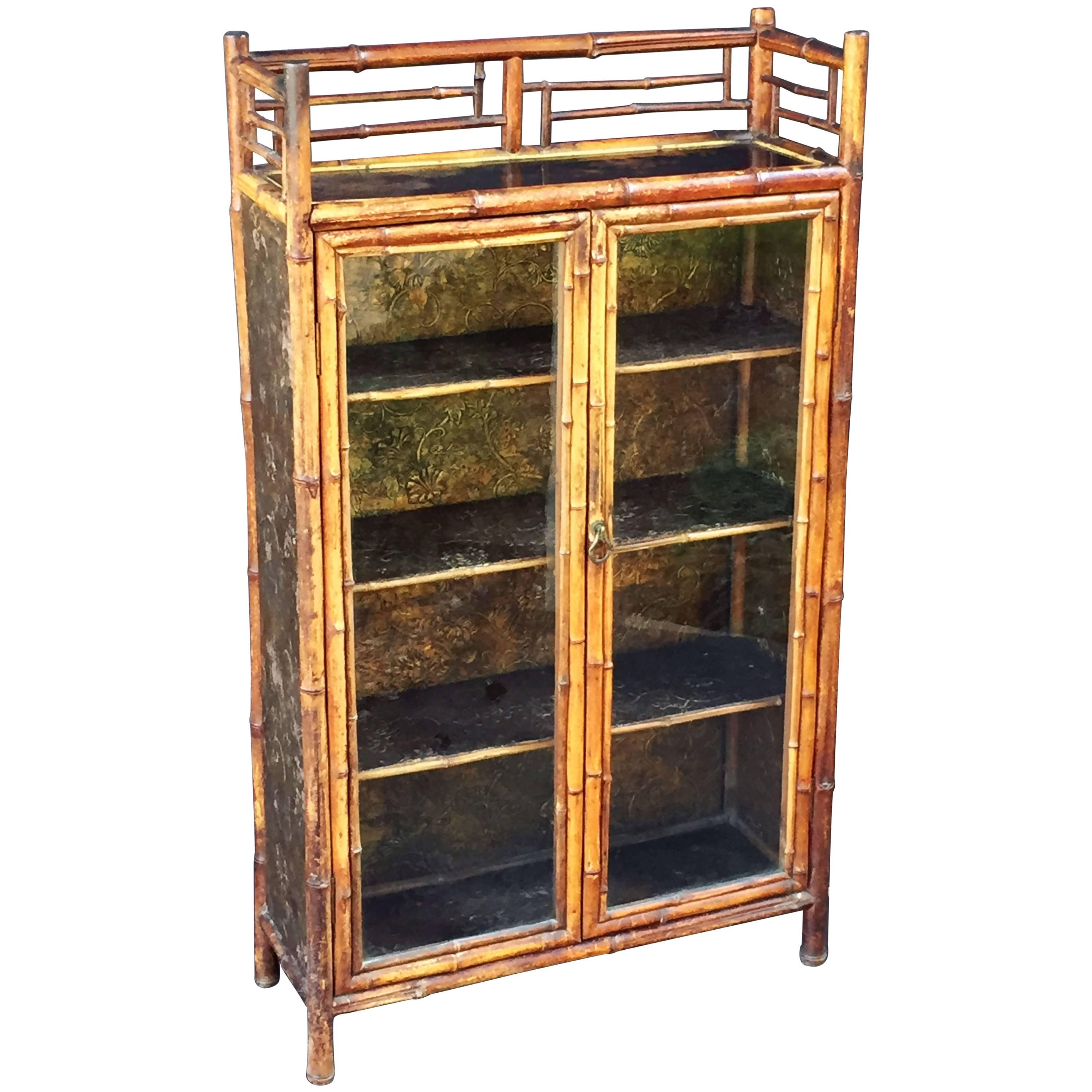 English Bamboo Bookcase Cabinet with Two Glazed Doors