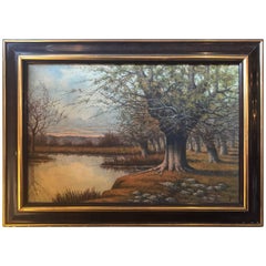 Framed Oil on Canvas Painting or a Lake Landscape Signed and Dated, 1910