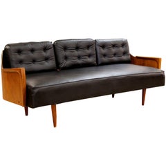 Mid-Century Modern Danish Walnut and Black Vinyl Curved Back Sofa Retro, 1960s