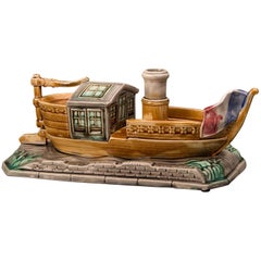 Antique French Majolica Barbotine Ceramic Boat and Cover, circa 1885