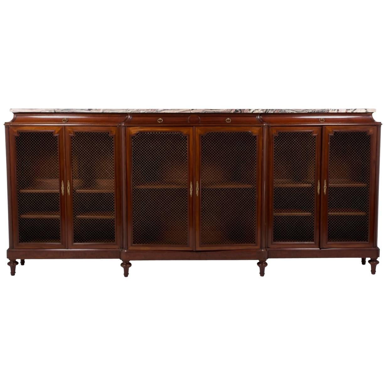 French Mahogany Six-Door Bookcase with Marble Top, circa 1920