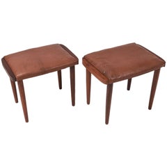 Pair of Danish Mid-Century Teak and Leather Stools