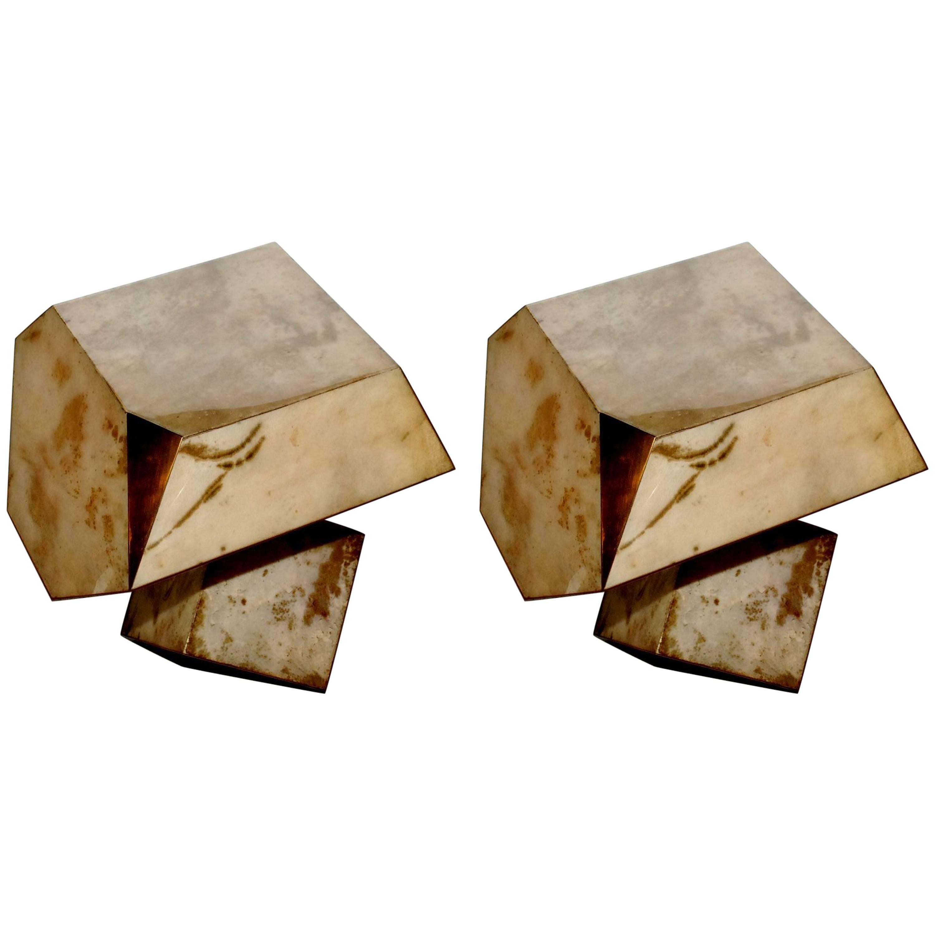 Pair of Parchment "Rock" Design Side Tables