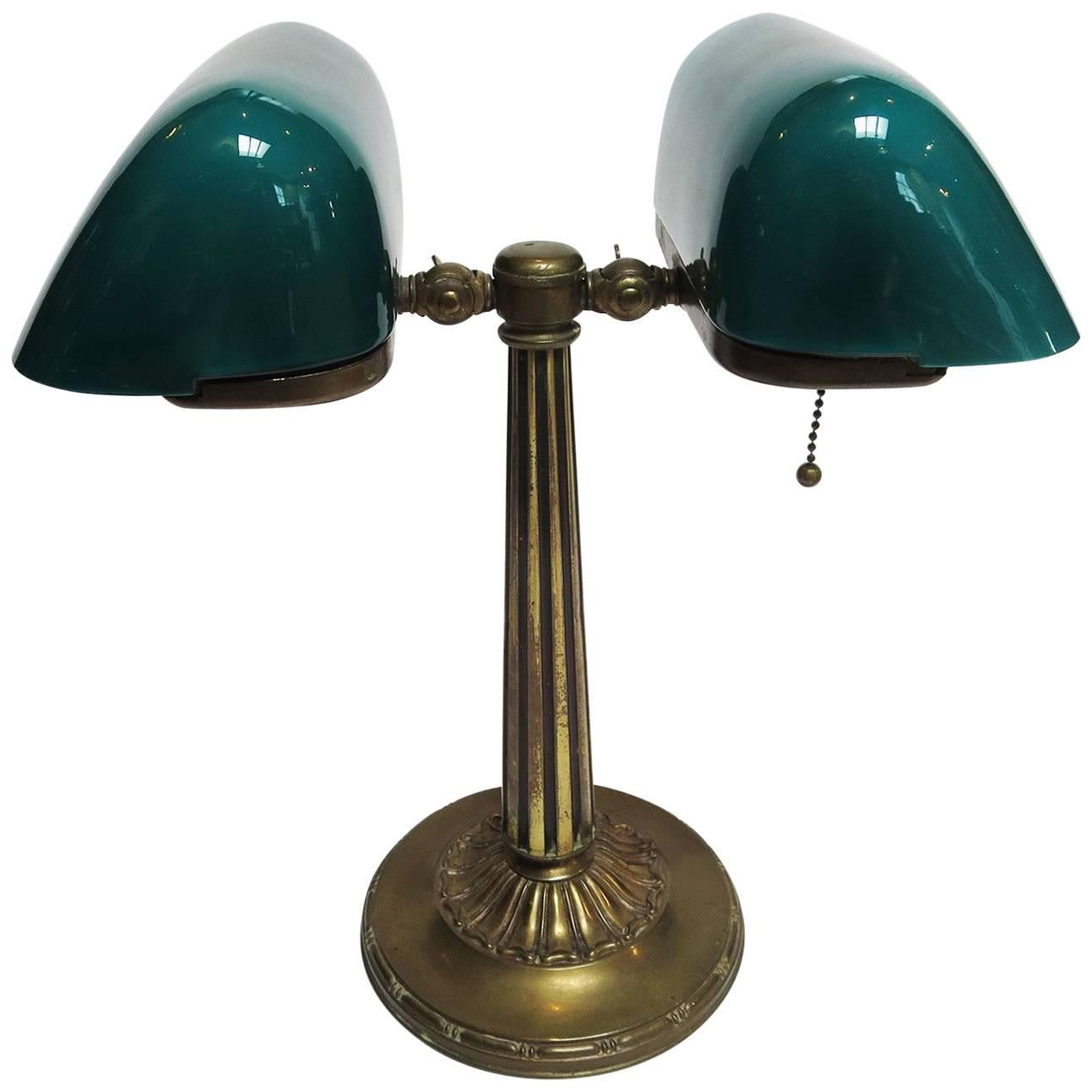 Emeralite 8734 Series Double Library Desk Lamp in Brass and Glass, Rewired