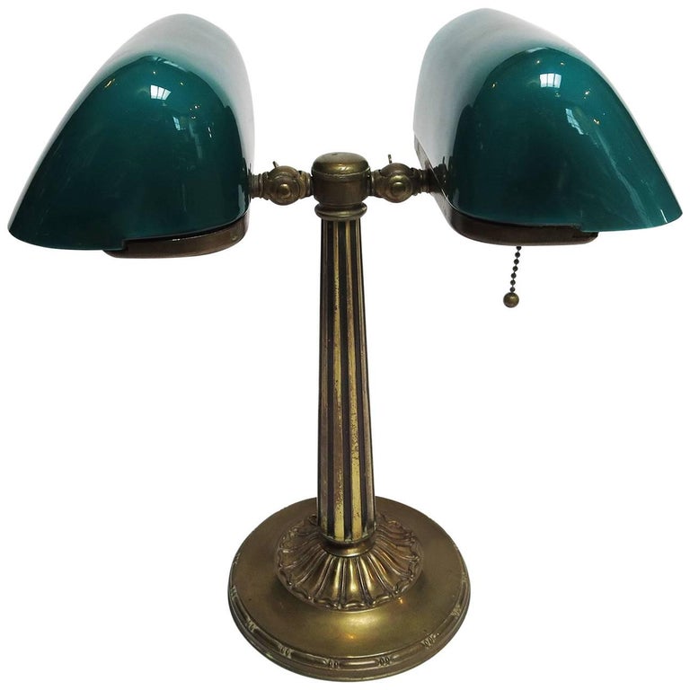 Emeralite 8734 Series Double Library Desk Lamp in Brass and Glass