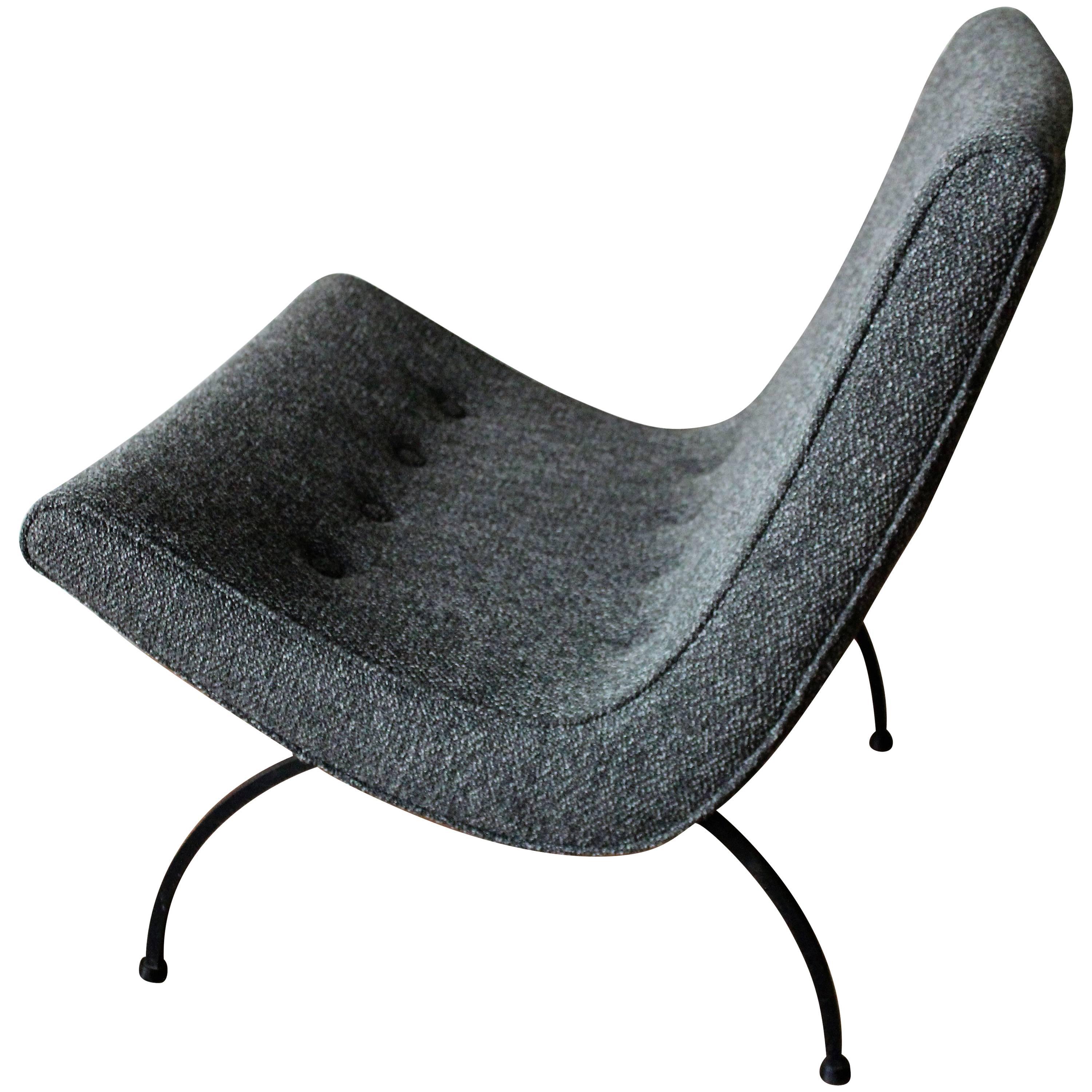 Milo Baughman Scoop chair manufactured by Thayer Coggin. Newly upholstered in a luscious salt and pepper bouclé fabric. This chair is the epitome of a quiet, yet powerful design.