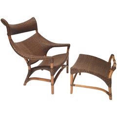 Pair of Graphic Rattan Chairs with Ottomans 9