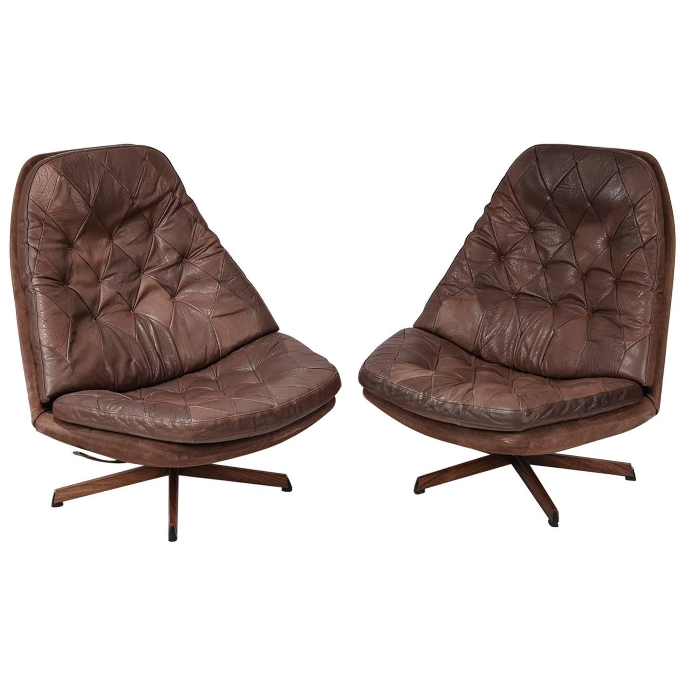 Pair of Madsen and Schubel Model Ms68 Leather Swivel High Back Lounge Chairs