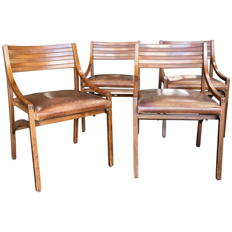 Ico Parisi Mod 110, Italian Walnut and Leather Dining Chairs 1959 For