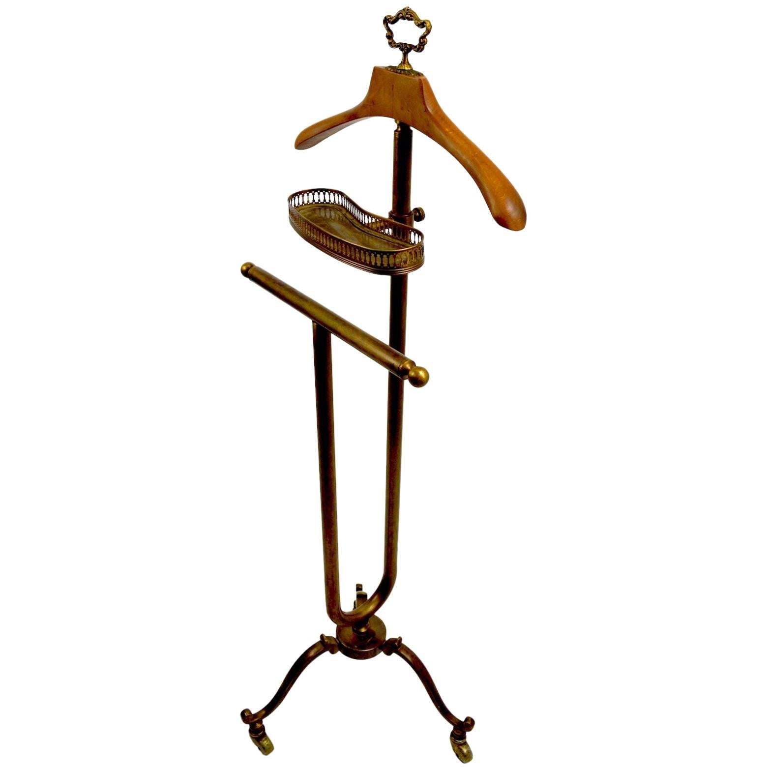 Brass and Maple Valet Silent Butler Stand Attributed to Maison Jansen