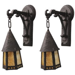 Antique Pair of Spanish Revival Outdoor Wall Lanterns with Slag Glass