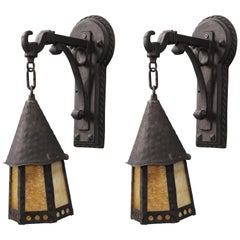 Antique Pair of Spanish Revival Outdoor Wall Lanterns with Slag Glass