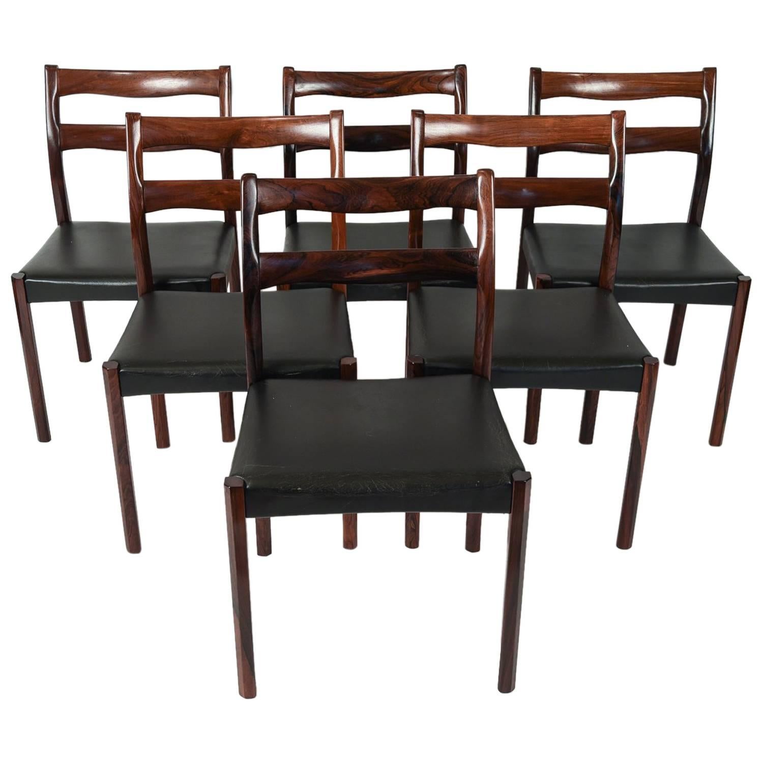 Set of Six Ole Wanscher Style Rosewood and Black Leather Side Chairs