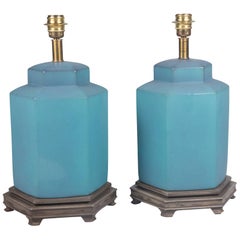 Pair of Blue Glazed Ceramic Table Lamps by Marbro