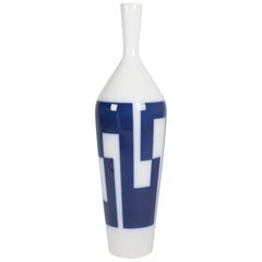 Tall Neck Porcelain Vase with Blue Decoration by KPM, German, 1950s