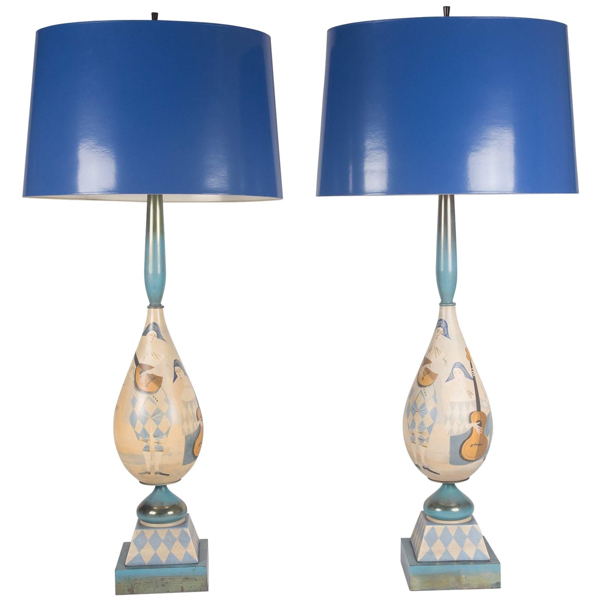 Italian Hand-Painted Wood Table Lamps, 1930s For Sale