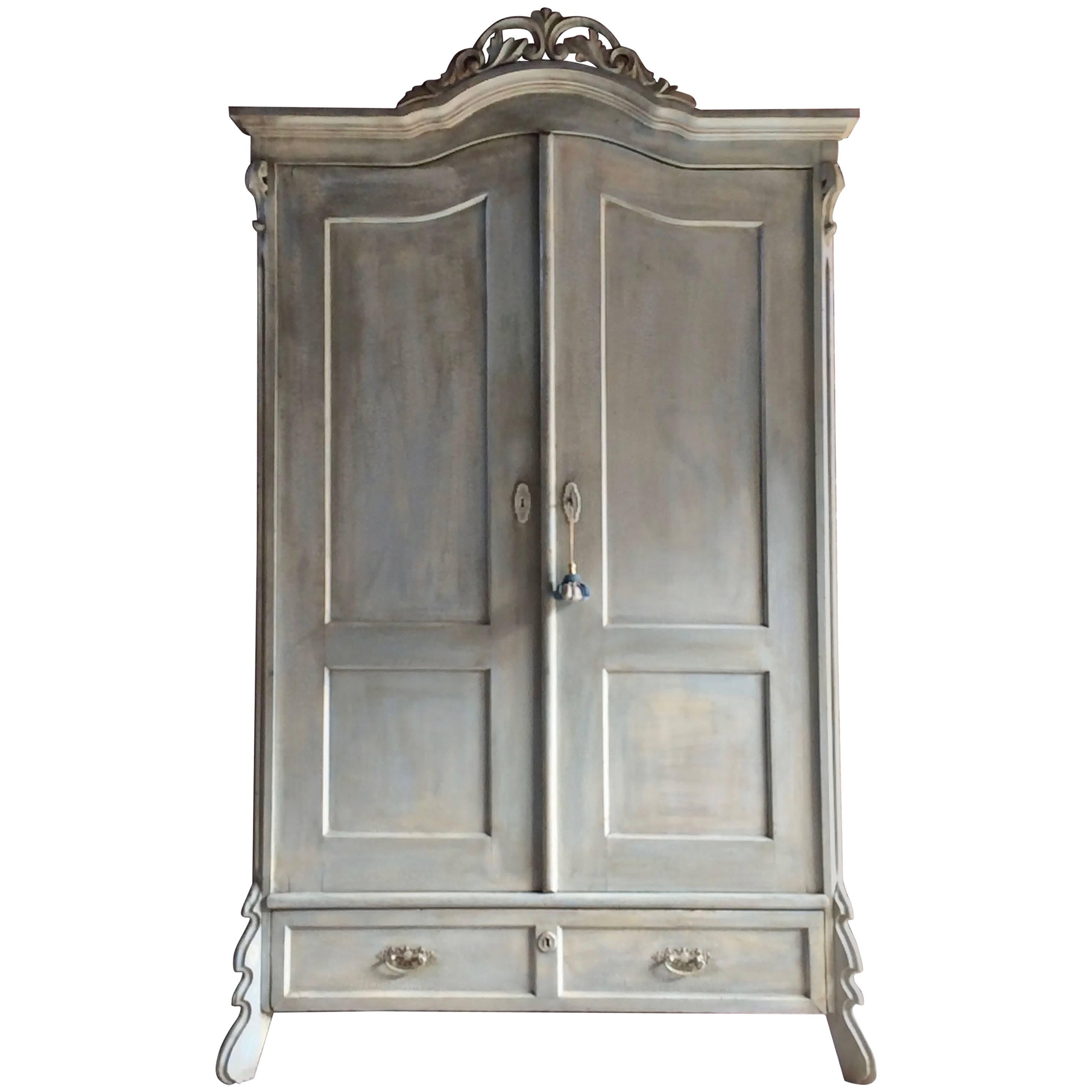 Antique French Painted Armoire Wardrobe Solid Pine Painted Distressed