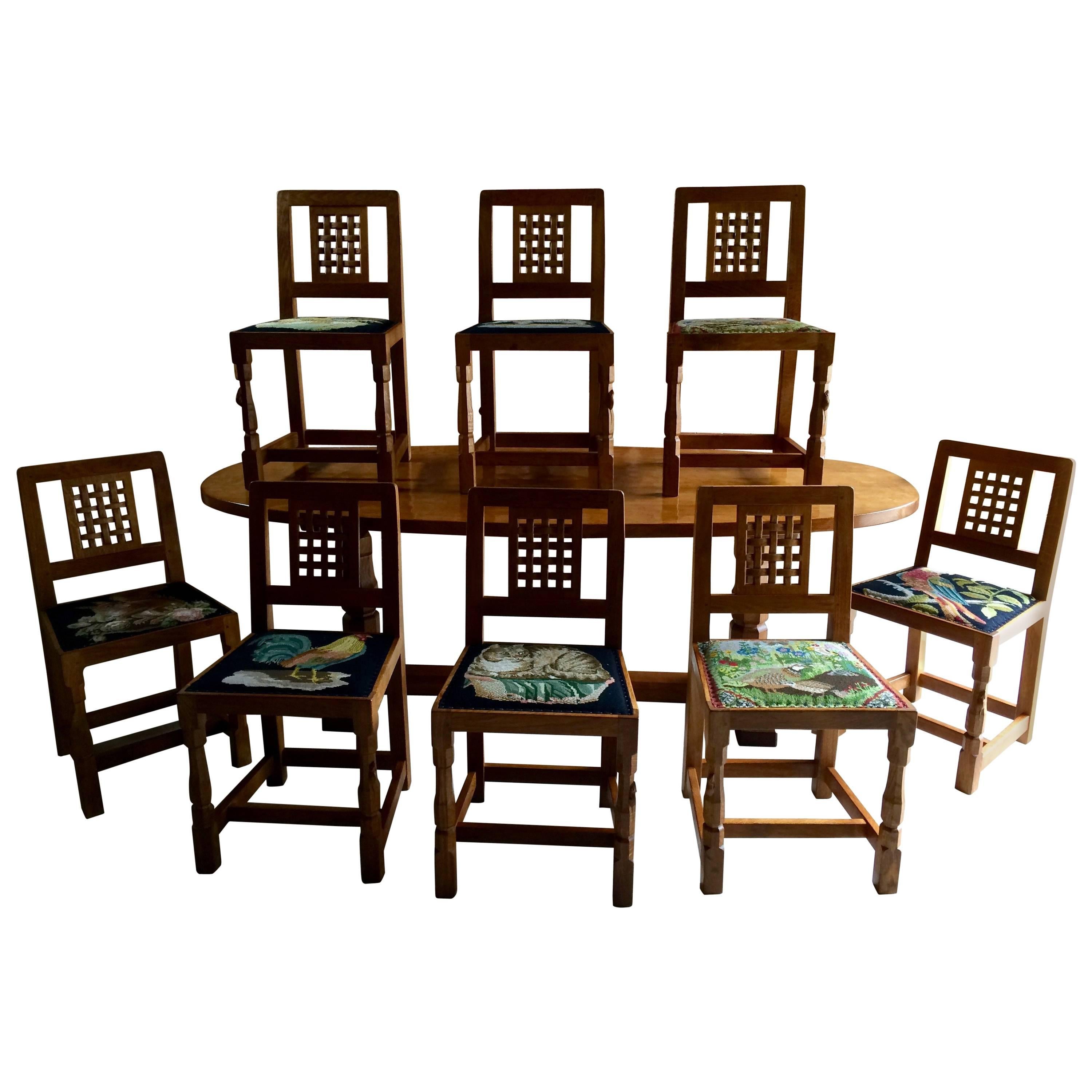 Robert 'Mouseman' Thompson of Kilburn Solid Oak Dining Table and Eight Chairs