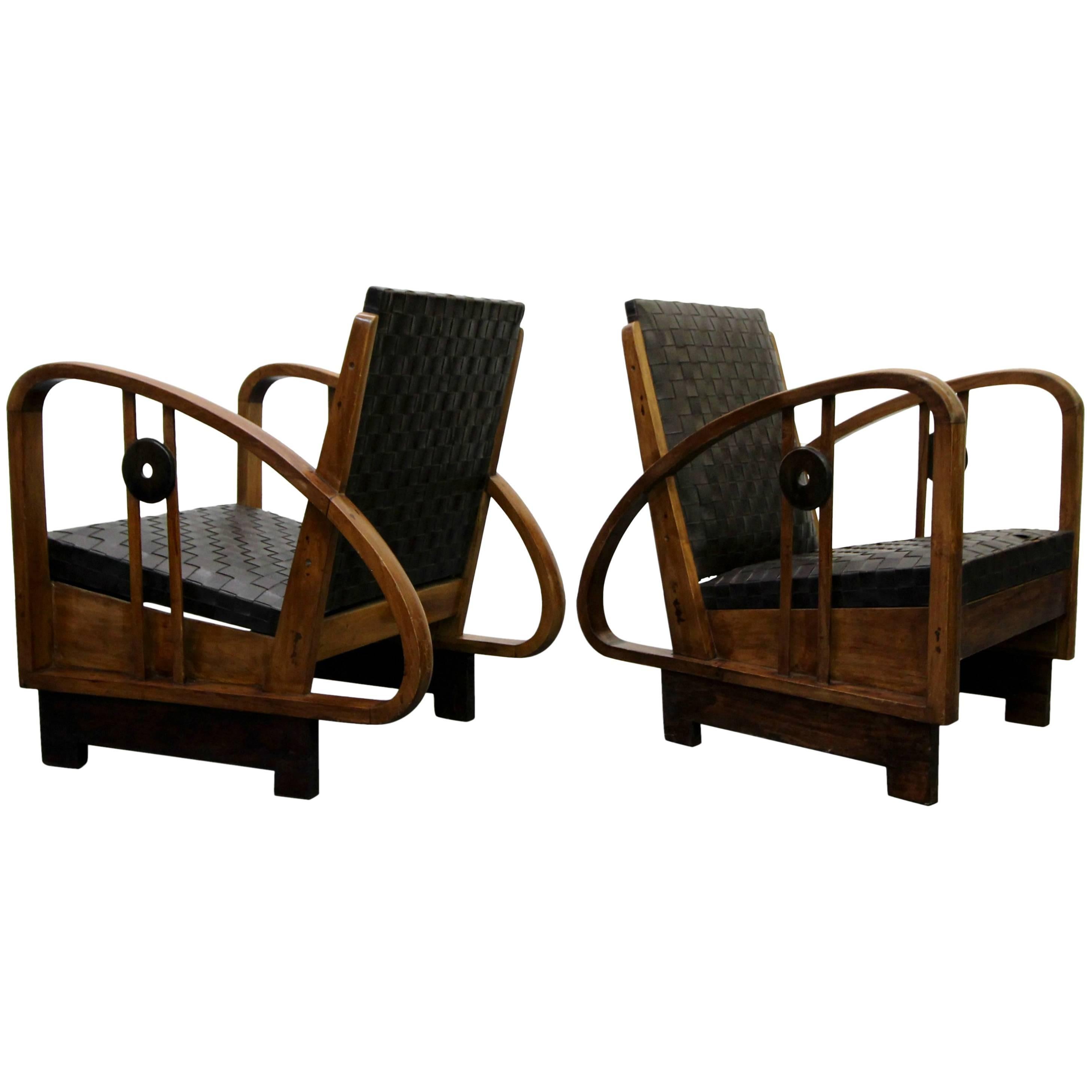 Pair of Antique French Art Deco Bentwood Lounge Chairs with Woven Leather