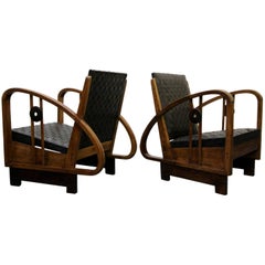 Pair of Antique French Art Deco Bentwood Lounge Chairs with Woven Leather