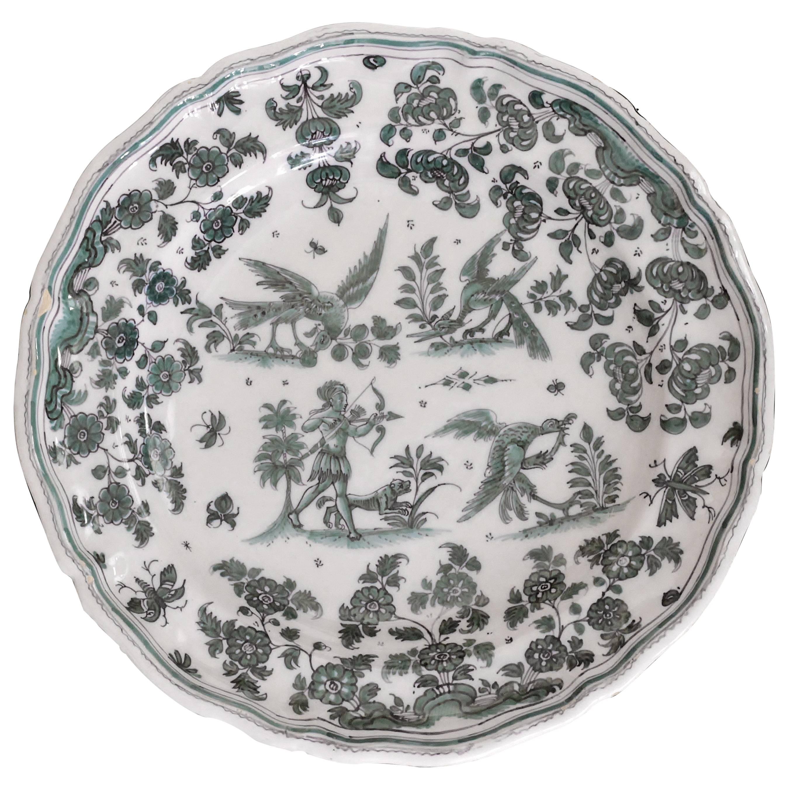 Moustiers 'France', 18th Century, Plate Earthenware with Grotesque Fantasy For Sale