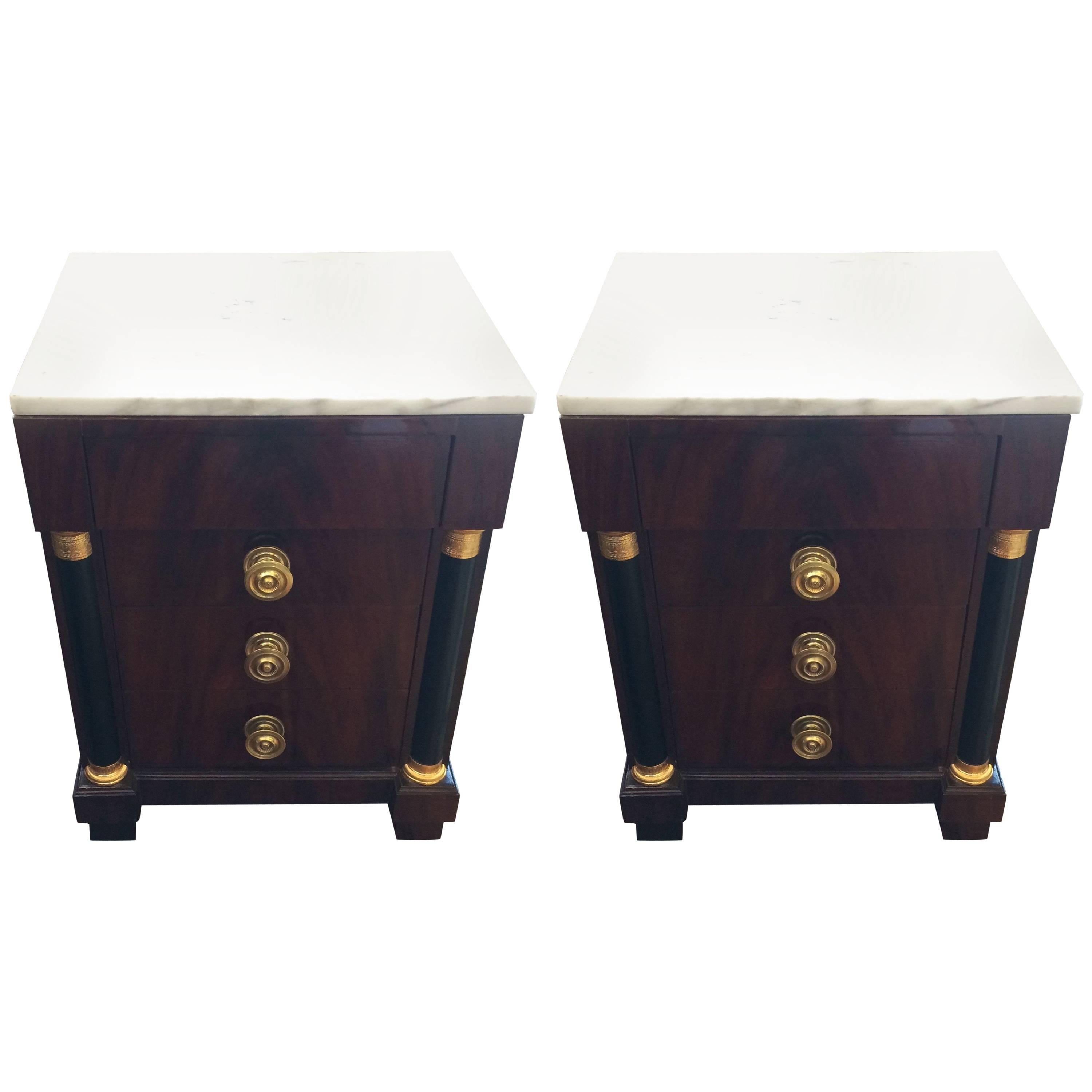 Neoclassical Style Italian Mahogany Marble Bachelor Chests or Nightstands, Pair