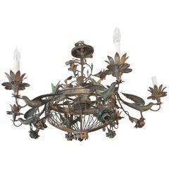 Vintage Magnificent Large and Ornate Tole Bird and Flower Motife Chandelier