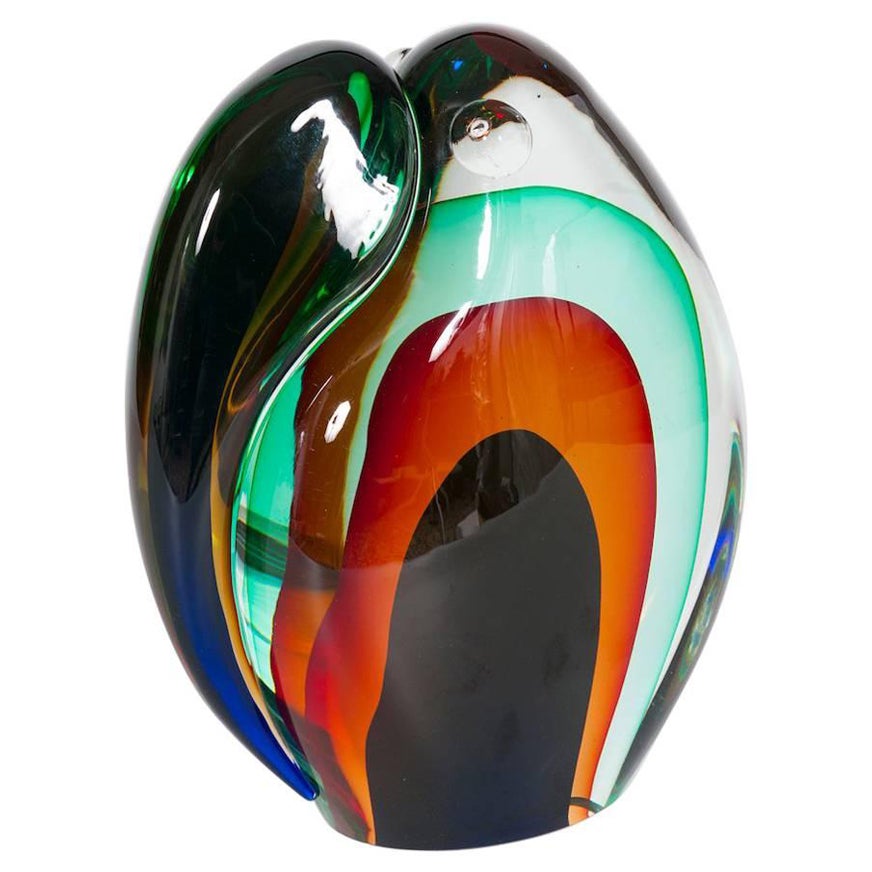 Romano Donà 1990 Sculpture Toucan en verre de Murano multicolore Venise Italie