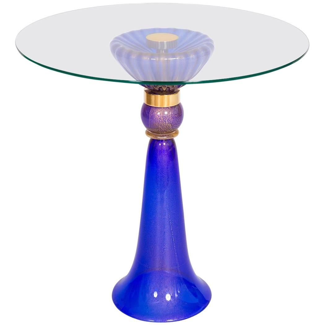 Table de cocktail vénitienne italienne en verre de Murano soufflé bleu et or 24 carats, années 1990