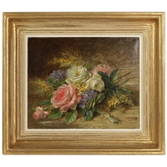 Camille Aimé Wolf Oil on Canvas Late 19th Century, Roses Bouquet on Marble Ledge