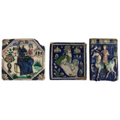 Drei antike bunte persische Kacheln aus dem 19