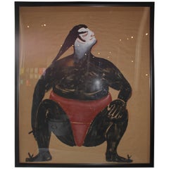 Vintage Framed Painting of a Sumo Wrestler