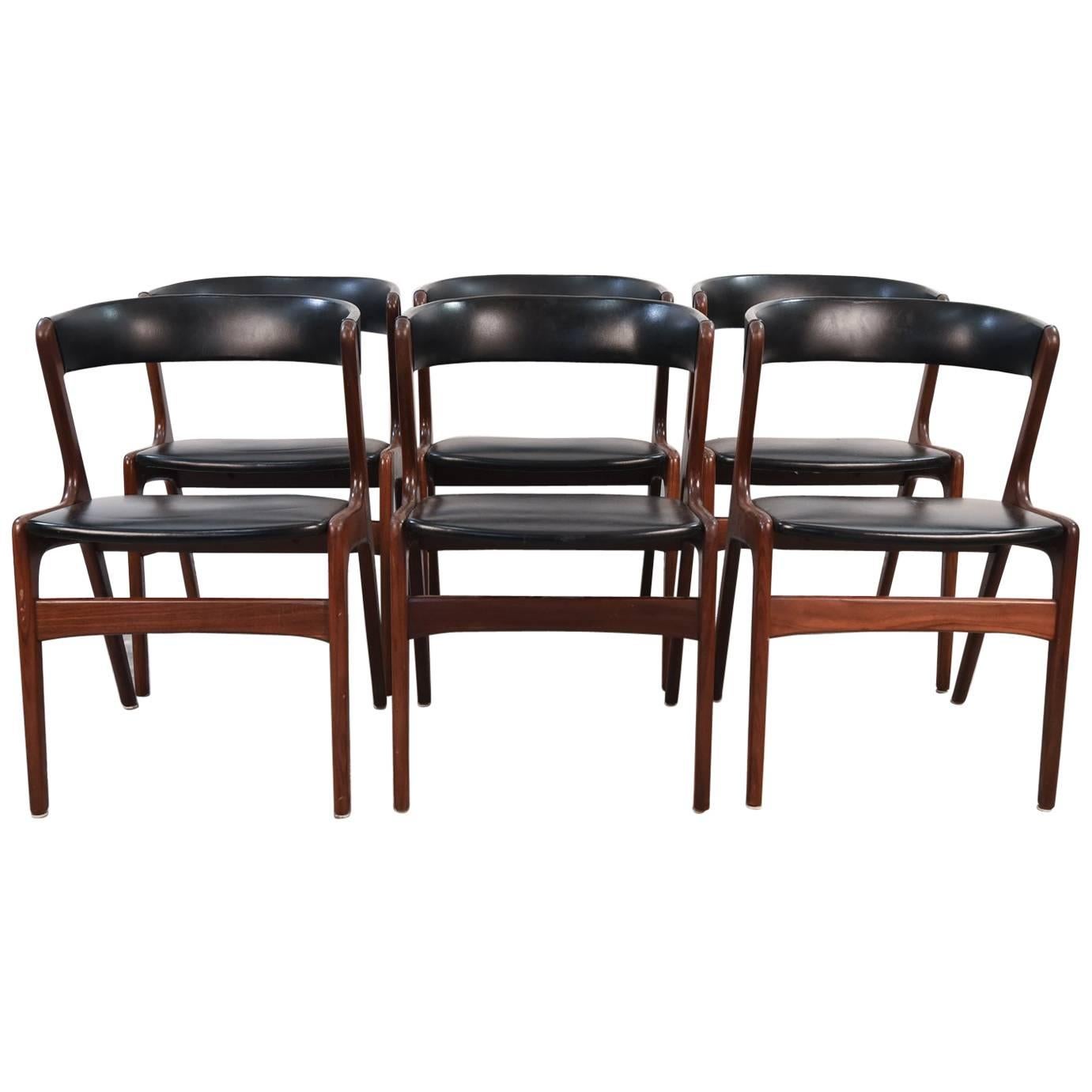 Set of Six Danish Midcentury Teak and Black Skai Seat Side Chairs by Omann Jr.