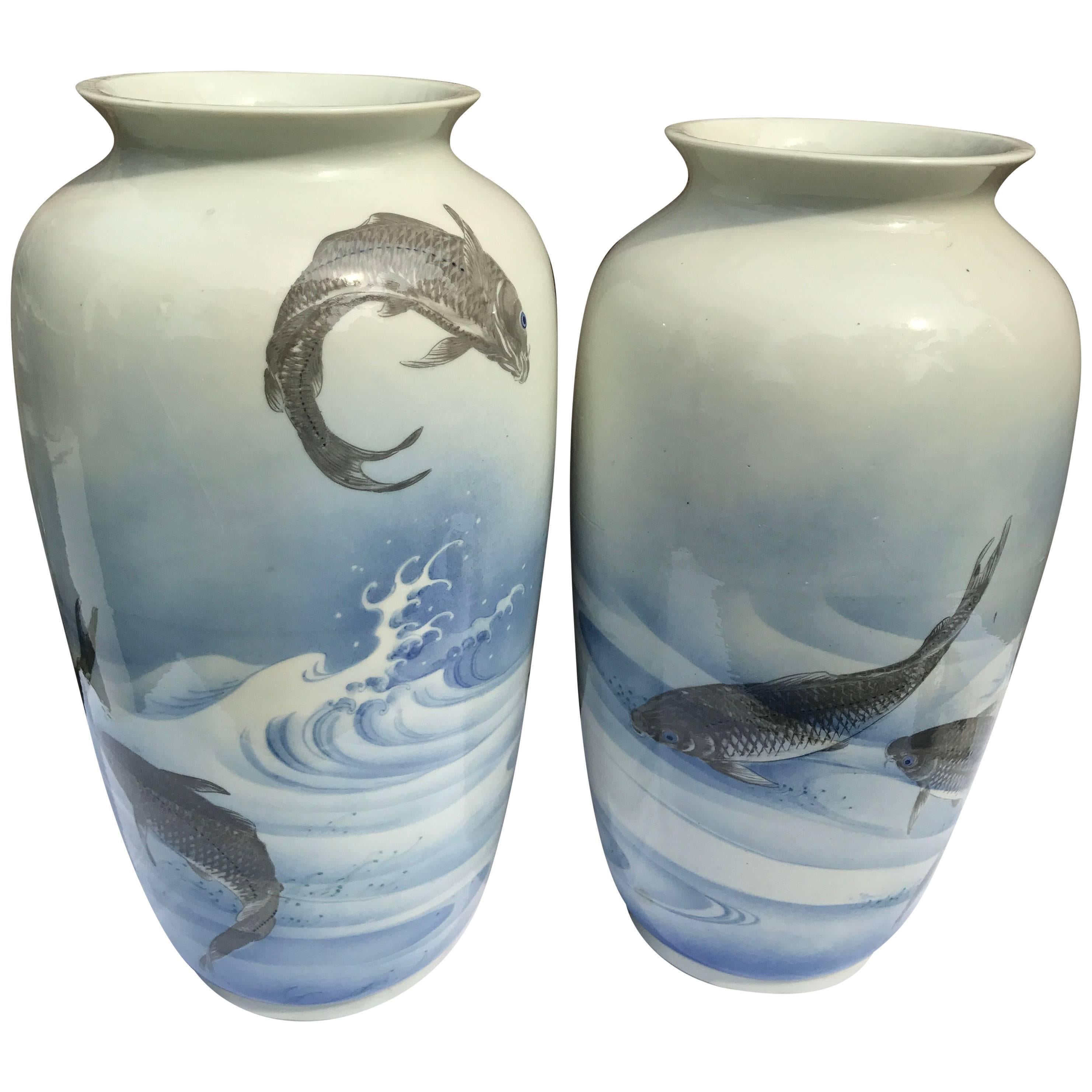 Monumental Japanese Antique Koi & Wave Vases Hand-Painted, Early 20th Century